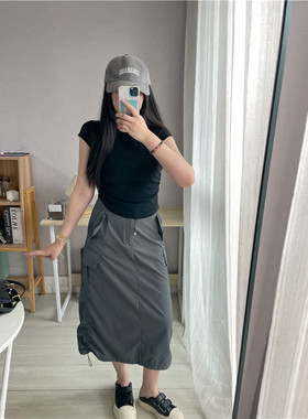 SA小树夏季美式开叉速干半身裙女显瘦辣妹高腰抽绳a字过膝工装裙