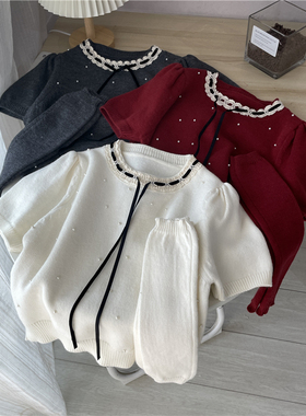 SA小树2026新年款红色钉珠蕾丝边针织袖套毛衣氛围感穿搭针织衫女