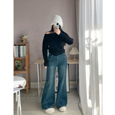 SA小树2025小暖炉腿精担当加绒牛仔裤女复古水洗蓝加绒微喇裤潮