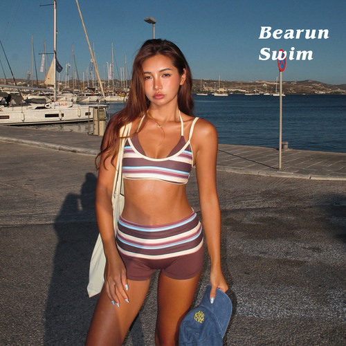 BEARUN SWIM 条纹挂脖分体泳衣女海边比基尼套装度假风沙滩泳装