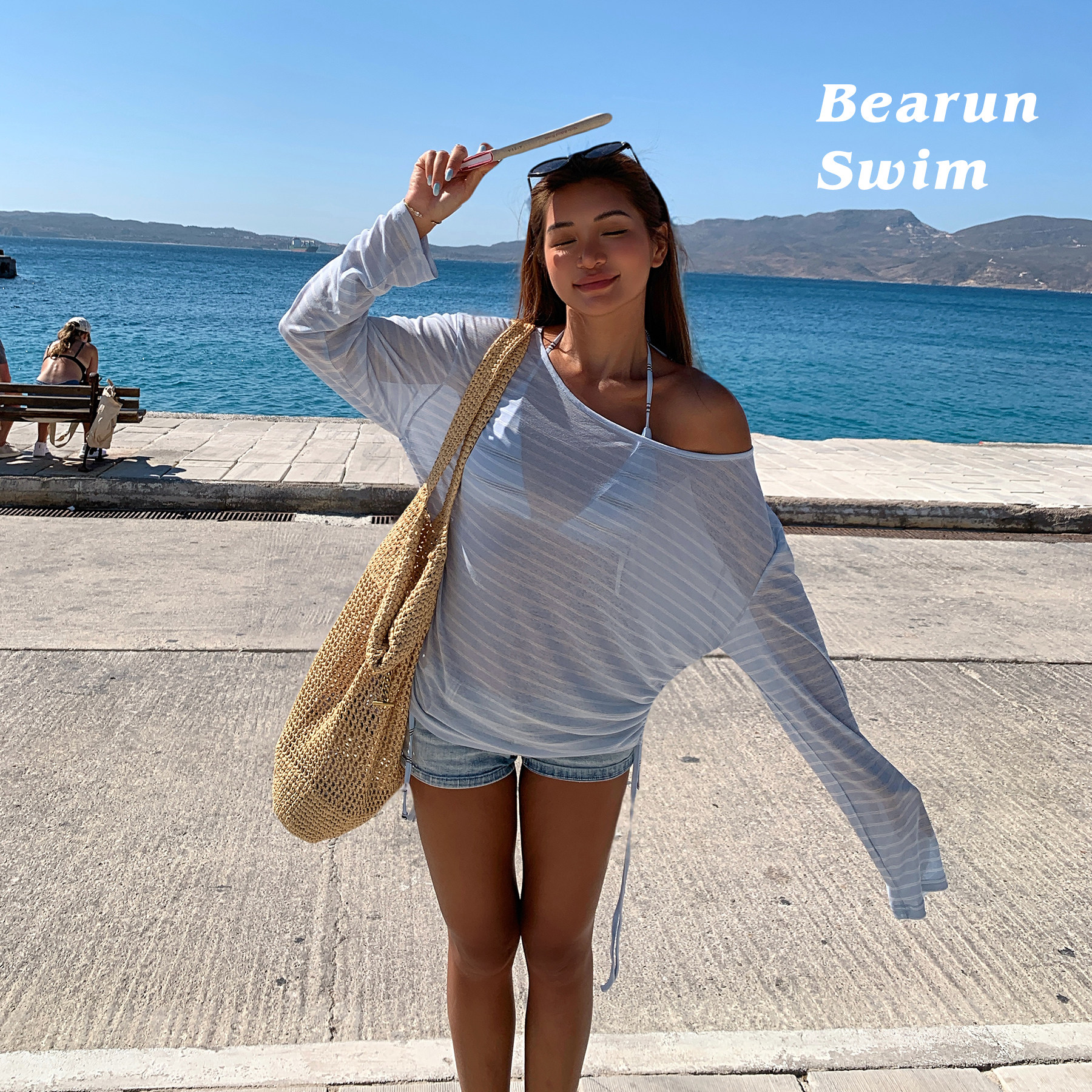 BEARUN SWIM 防晒泳衣罩衫女比基尼海边沙滩条纹长袖T恤露背上衣