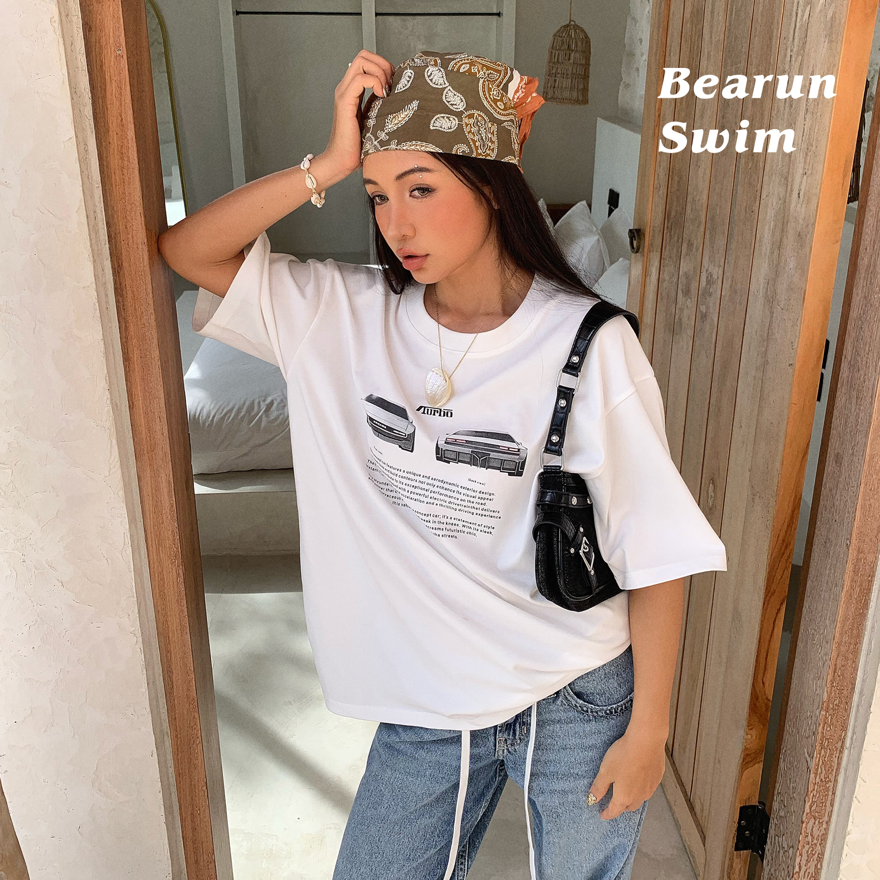 BEARUN SWIM 跑车印花短袖T恤女2025夏季新款白色圆领宽松上衣