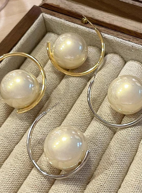 气质名媛大颗珍珠耳钉女高级感珍珠耳环法式小众设计冷淡风耳饰女