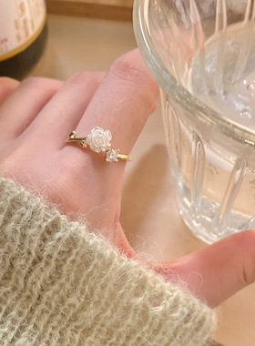 山茶花戒指女开口可调节小众设计高级感锆石食指戒2024年新款潮