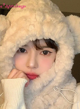 TURN2SPRING 小众设计感 韩版毛绒小熊帽子加厚加绒帽 护耳帽