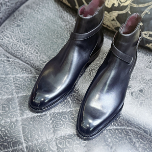 新款焦特布尔靴柔软橡胶底固特异沿条手工缝制进口小牛皮圆头靴子