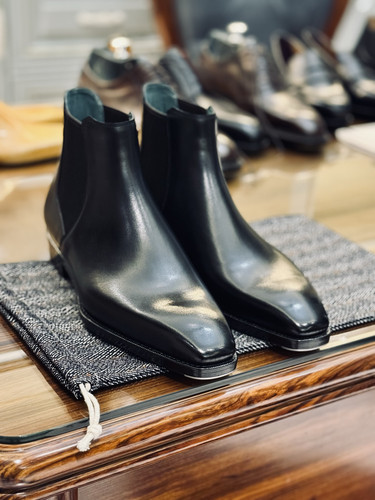 方头切尔西靴手工固特异进口皮真皮大底一脚蹬松紧靴黑色男靴