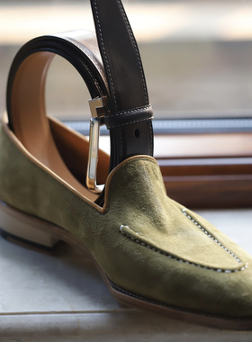 皮底乐福懒人一脚蹬男鞋翻毛皮固特异手工夏季商务休闲芥绿色胎牛