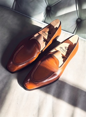 橙色法国小牛乐福鞋便试香蕉楦固特异手工皮底无缝后跟方头