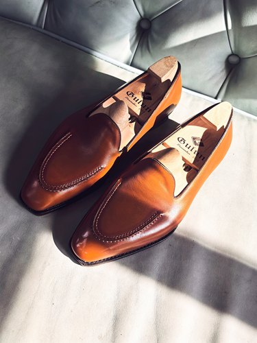 橙色法国小牛乐福鞋便试香蕉楦固特异手工皮底无缝后跟方头