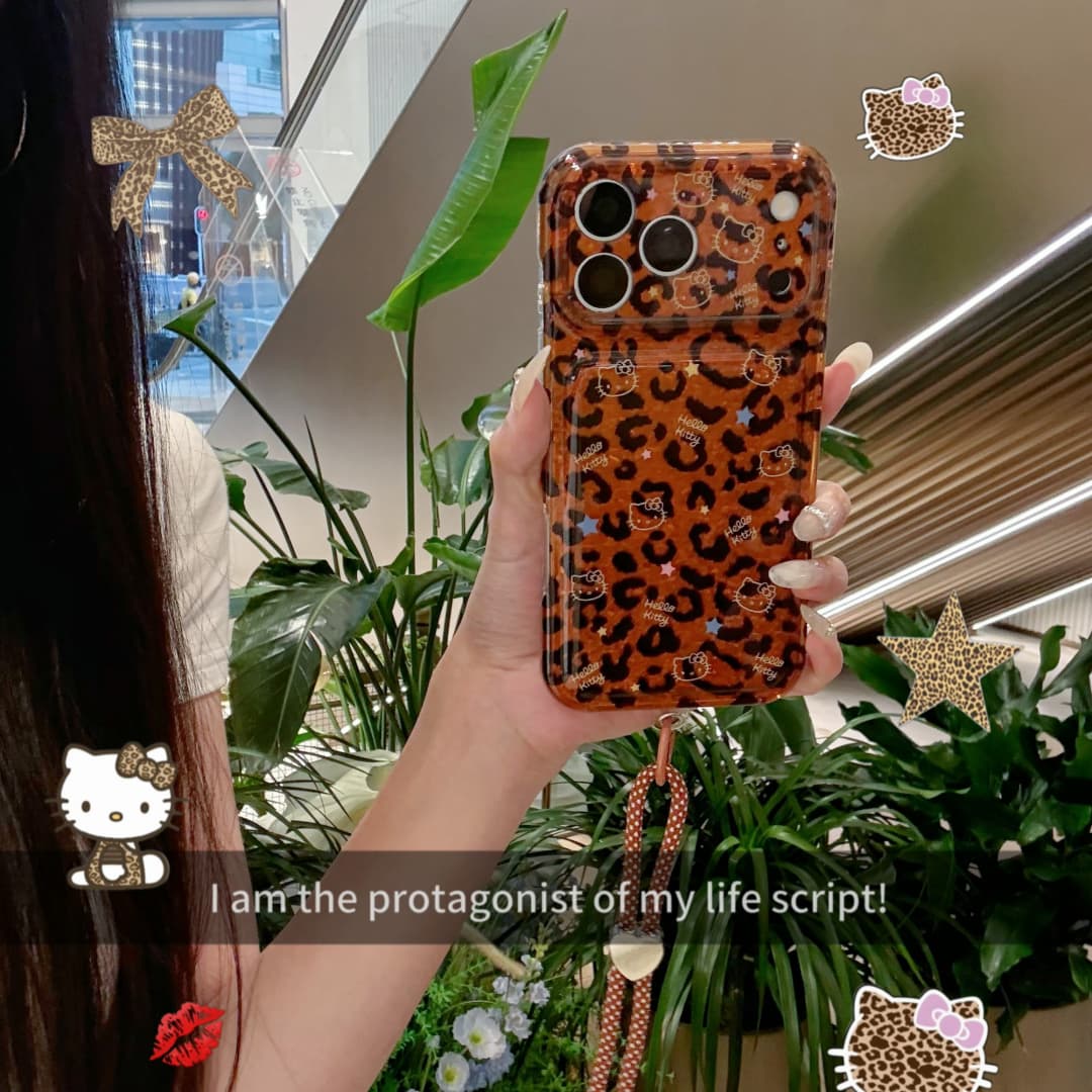 韩系ins满屏棕色豹纹KT适用iphone17手机壳苹果18ProMax新款16pro可爱15创意女款17promax硬底软边保护套链条图片