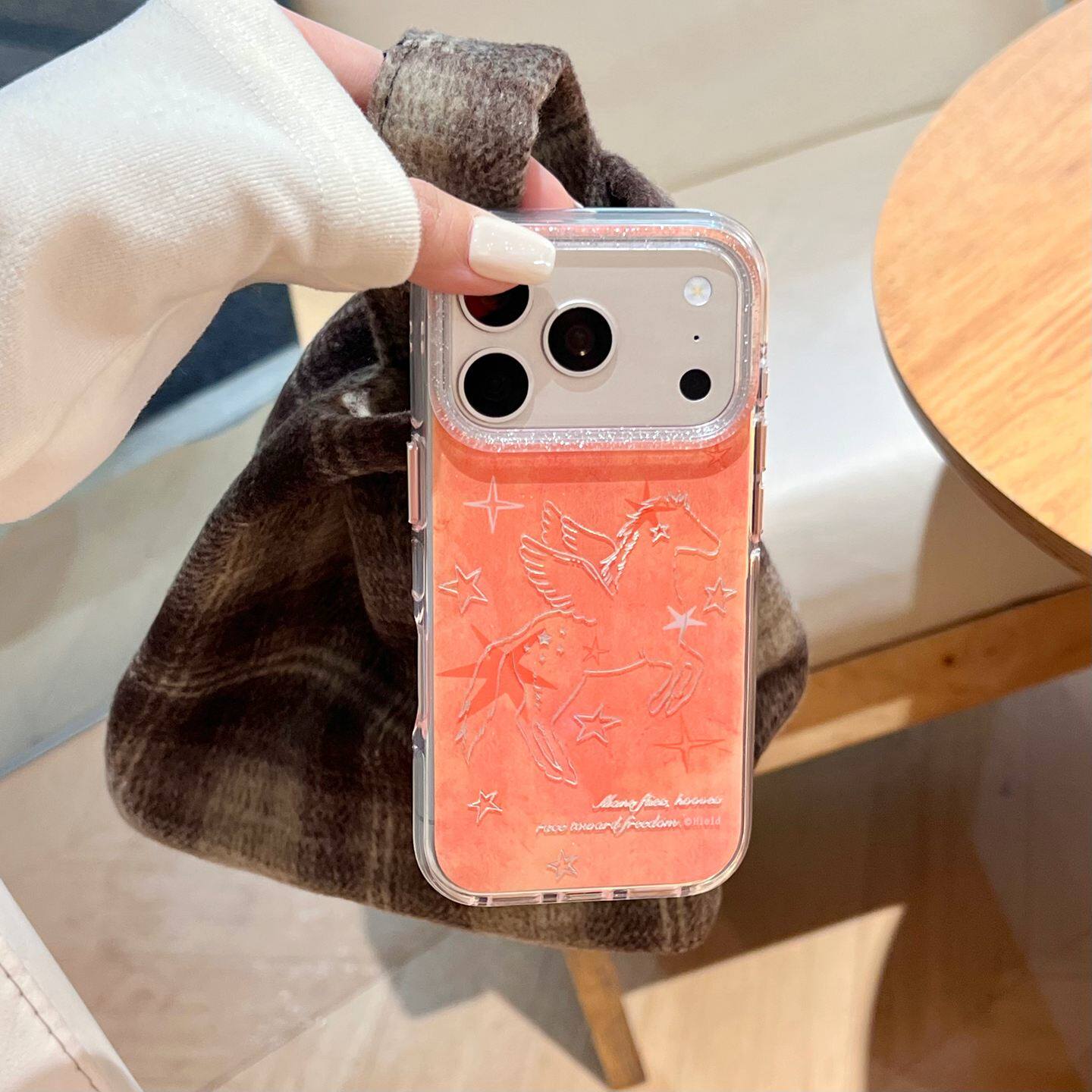 ins韩风橙色晕染鎏金银线条飞马适用苹果17promax手机壳iphone16pro新款15双层14高级感13女17保护套