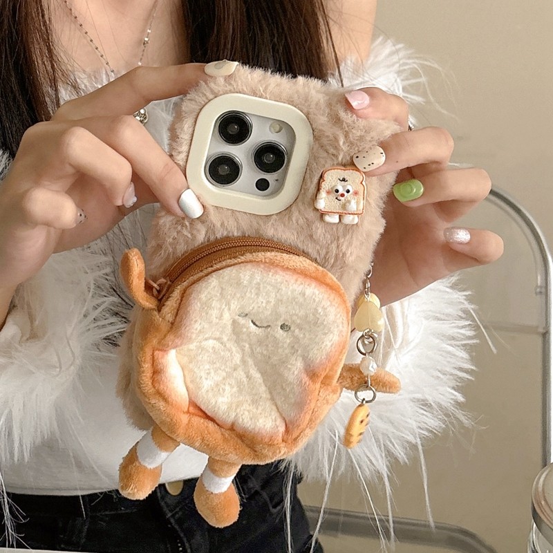 秋冬立体毛绒茸可爱吐司零钱包适用苹果15手机壳iPhone16P