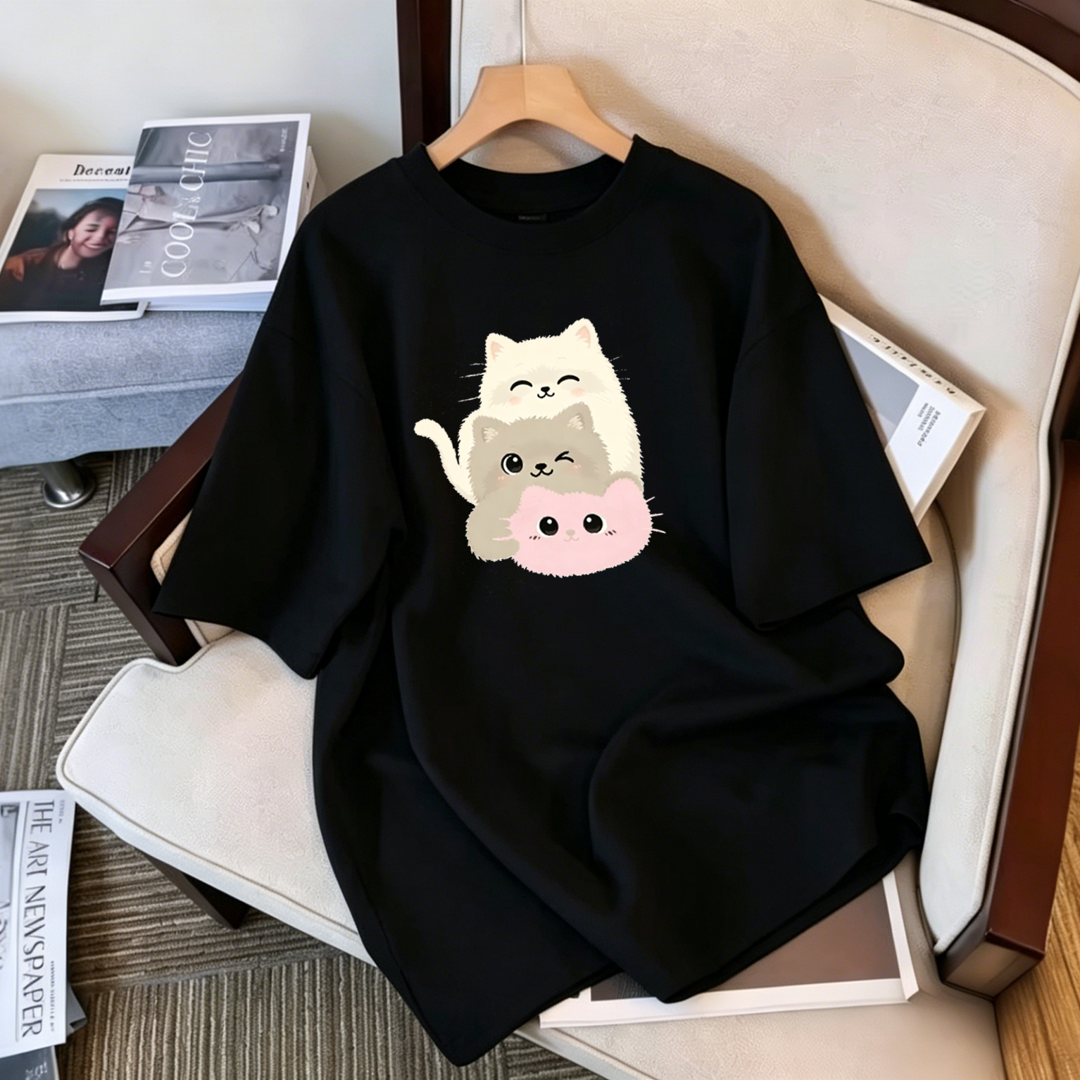 小猫黑色纯棉短袖t恤女2026新款爆款夏季高端欧货大版上衣体恤潮