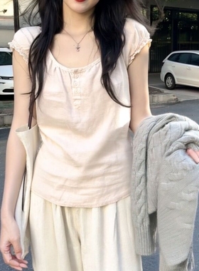 BM 亚麻浅粉泡泡袖短袖女2025新款夏甜美纯欲风T恤bm百搭显瘦上衣