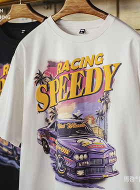 马登美式复古白色大印花T恤高街潮牌纯棉插画艺术宽松短袖女士夏