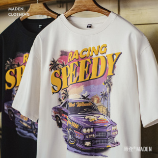 马登美式 女士夏 复古白色大印花T恤高街潮牌纯棉插画艺术宽松短袖