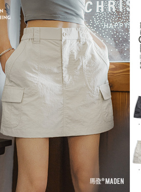 马登复古日系a字工装伞裙机能风薄款带内衬防走光运动半身短裙女