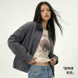 夹克短外套上衣女士春 工装 马登美式 格雷系宽松撞色翻领底特律猎装