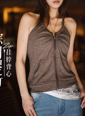 马登美式复古轻亚y2k挂脖两穿拉链吊带无袖V领莱赛尔天丝背心女夏