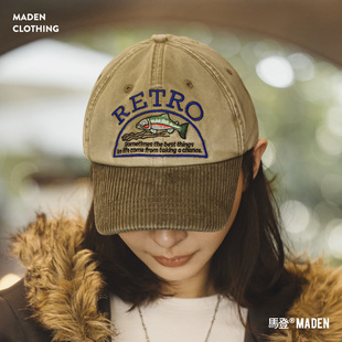 马登美式 复古卡其灯芯绒弯檐硬顶棒球帽刺绣做旧鸭舌遮阳帽子女士