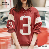 马登美式 休闲卫衣女士春 复古棒球V领无帽字母撞红色拼接套头长袖