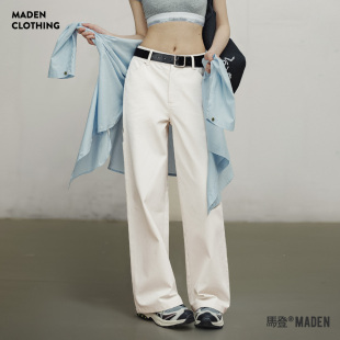 复古薄宽松工装 纯棉百搭休闲裤 裤 白色通勤阔腿裤 春女 大码 马登美式