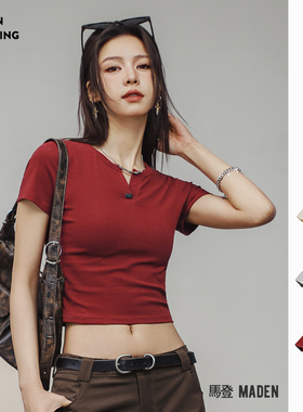 马登美式酒红色针织亨利V字领修身短袖正肩版型短款上衣T体恤女士