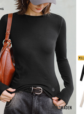 马登黑色针织发热打底衫圆领保暖修身秋冬内搭上衣薄款长袖T恤女