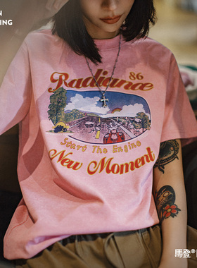 马登夏日仿蜡染粉色印花短袖美式复古机车慵懒显瘦遮肉落肩T恤女