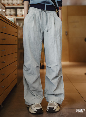 马登灰色山系褶皱机能轻户外直筒工装降落伞兵运动休闲裤子女士春