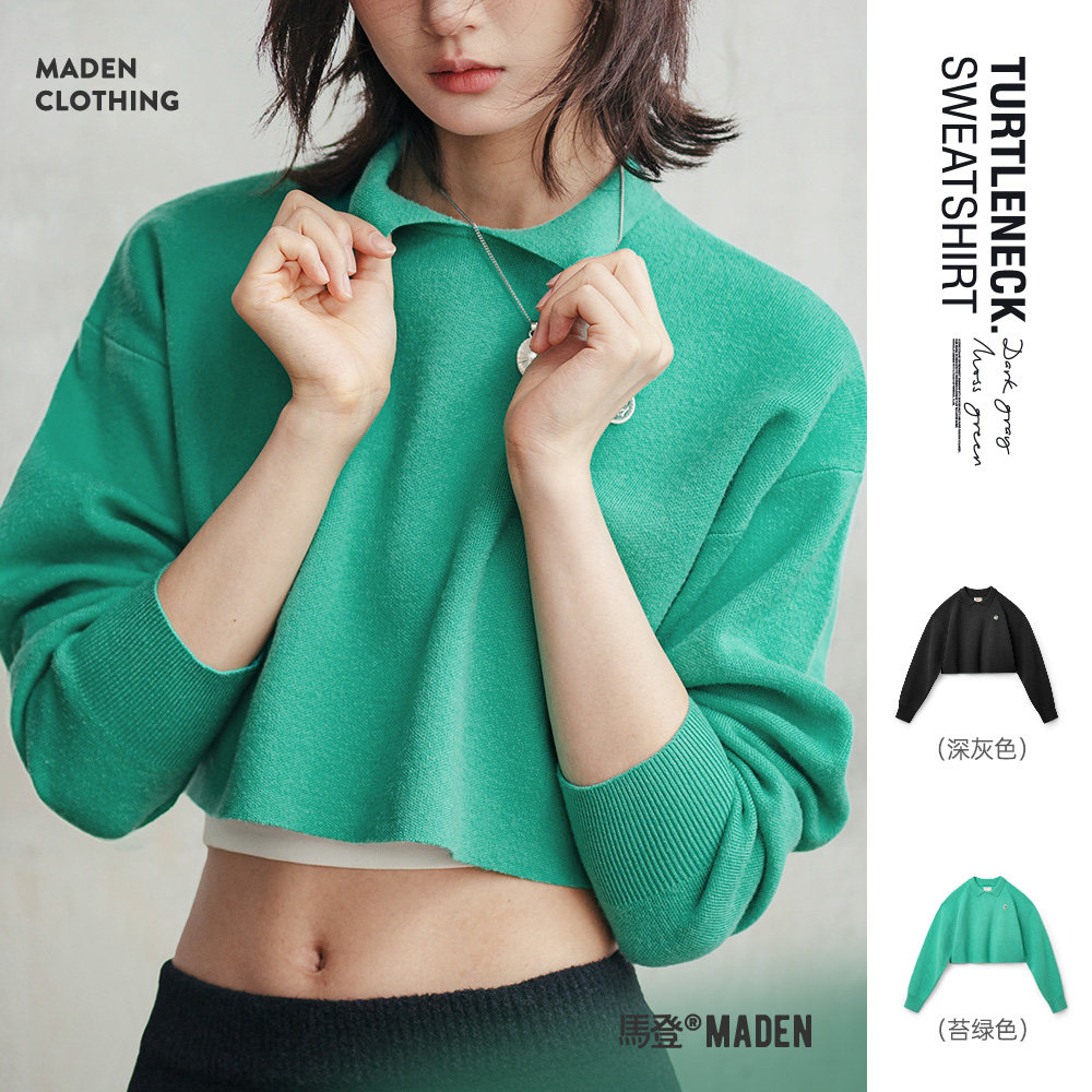 马登鼠尾草绿莫代尔混纺针织衫短款翻领卫衣百搭宽松长袖T恤秋女,女装/女士精品,毛针织衫,淘宝优惠券,粉丝福利购,淘宝优惠卷