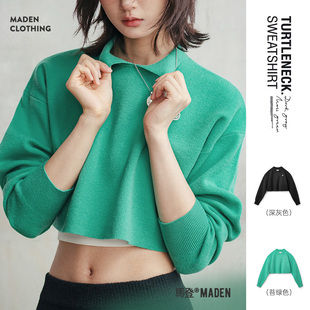 翻领卫衣百搭宽松长袖 T恤春女 短款 马登鼠尾草绿莫代尔混纺针织衫