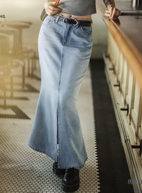 马登水洗蓝色做旧复古牛仔长款开叉包臀显瘦鱼尾半身裙子早春女士