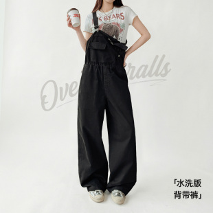 显瘦收腰纯棉吊带裤 连体背带裤 子女士春 黑色阔腿直筒工装 马登美式