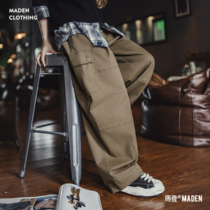 马登美式复古灰咖啡色多口袋宽松阔腿气球休闲弯刀工装裤子女士春