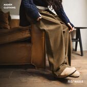 马登卡其色灯芯绒休闲复古气球裤 显瘦直筒阔腿灯笼长裤 子女士秋冬