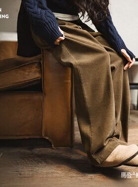 马登卡其色灯芯绒休闲复古气球裤显瘦直筒阔腿灯笼长裤子女士秋冬