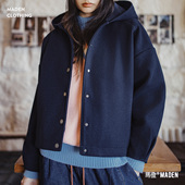 马登复古藏青色收腰休闲加厚防风连帽毛呢呢子外套开衫 上衣女秋冬