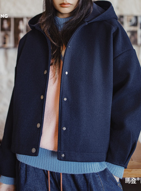 马登复古藏青色收腰休闲加厚防风连帽毛呢呢子外套开衫上衣女秋冬