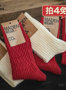 马登安可拉红新年氛围复古棉袜子中筒运动袜百搭精梳棉春季长袜女