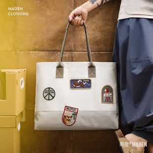 马登美式复古刺绣徽章帆布托特包大容量电脑包上课通勤手提报童包