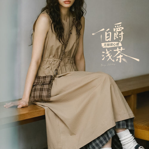 马登纯全棉无袖背心抽绳百褶皱收腰连衣裙A字长款连身裙子女士夏