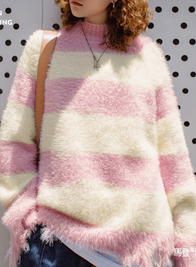 马登粉白色宽条纹半高领宽松破坏奶呼呼软糯针织套头毛衣女士秋冬