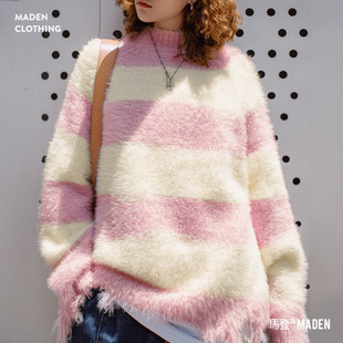 马登粉白色宽条纹半高领宽松破坏奶呼呼软糯针织套头毛衣女士秋冬