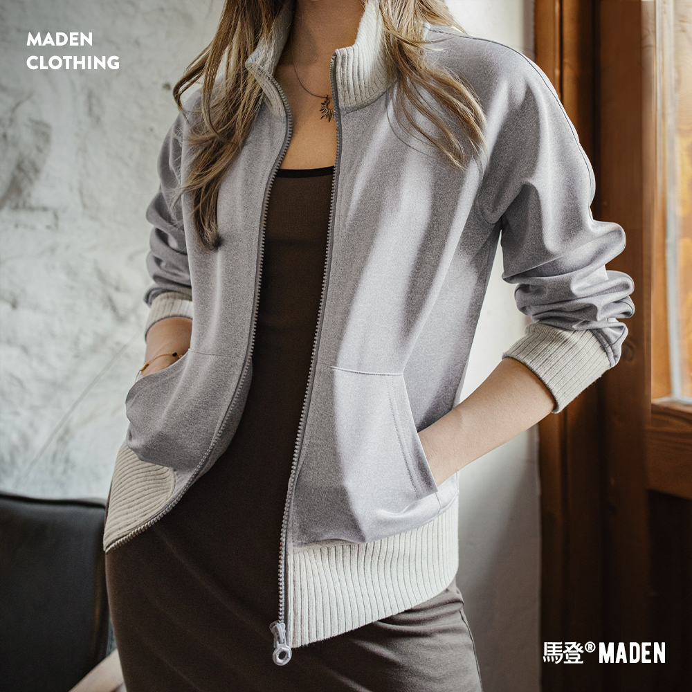 马登女装灰色立领开衫卫衣外套