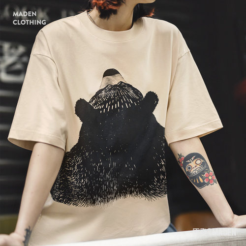 马登女装宽松慵懒风印花熊抱T恤