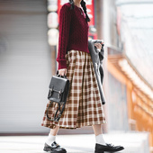 马登复古棕色美拉德格子纹磨毛长款 工装 松紧腰大摆半身裙女士秋冬