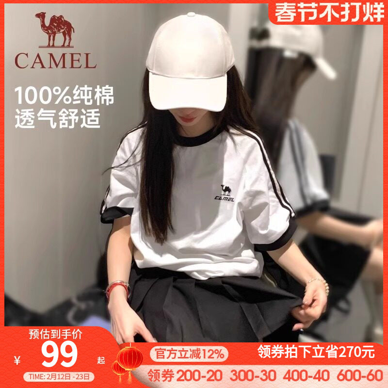 骆驼夏日T恤女冰感复古潮牌原创圆领休闲宽松白色上衣运动短袖t男