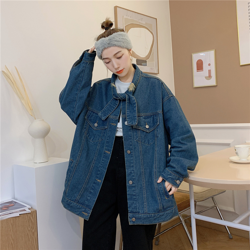 Real shooting spring and autumn 2021 new Korean loose and versatile bowknot denim jacket